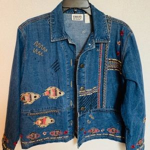 Vintage Chico’s Jean jacket with fish embroidery.